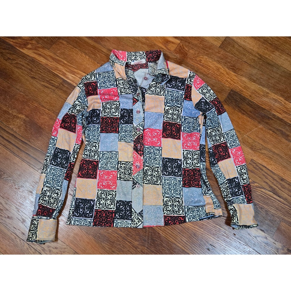 Vintage Shirt Stop 70s Nylon Paisley Patchwork Print Button Up Disco Top